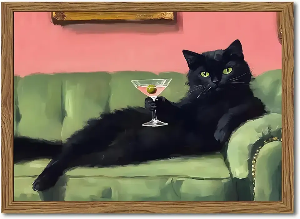 Funny Black Cat Martini Wall Art, Bar Cart Decor, Eclectic Cocktail Painting Canvas Print, Cute Animal Artwork Picture for Bedroom Living Room Kitchen 12x16 inch Wood Framed