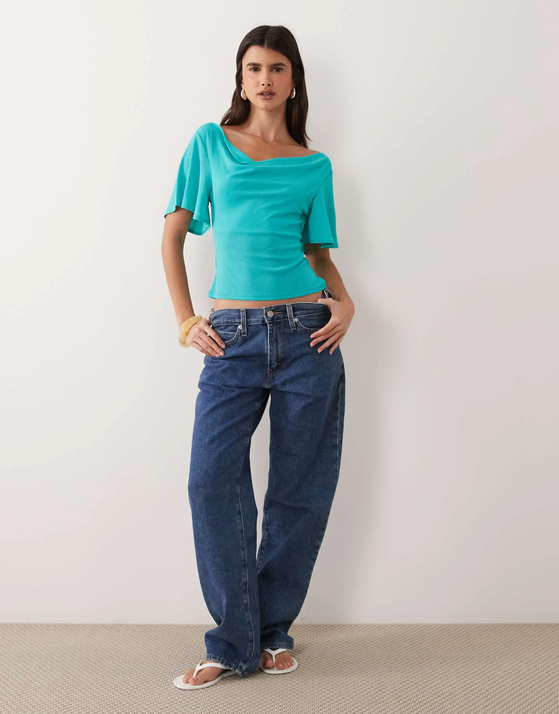 Miss Selfridge top with angel sleeves and cowl neck in turquoise blue