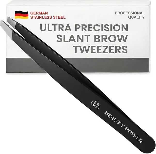 Beauty Power Tweezers for Women Facial Hair: Ultra Precision Tweezers for Women & Men, Sharp Slant Tweezer for Eyebrows, Ingrown Hair Removal. Professional Plucker + Case, German Stainless Steel Black