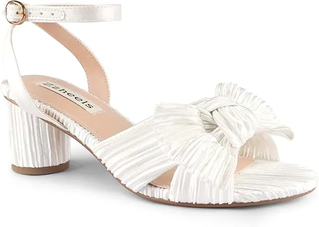 Zzheels Women's Bow Knot Heeled Sandals Open Toe High Block Ankle Strap Chunky Heels Bride Wedding Shoes