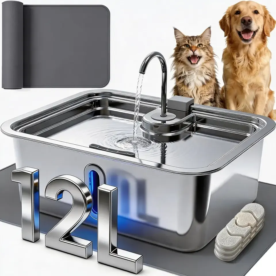 12L/3.17Gal Dog Water Fountain with Silicone Mat & 3 Filters, Stainless Steel Multi Pet Water Dispenser, Quiet Automatic Dog Water Bowl Dispenser with Visible Window & Alert Light for Large Dogs Cats