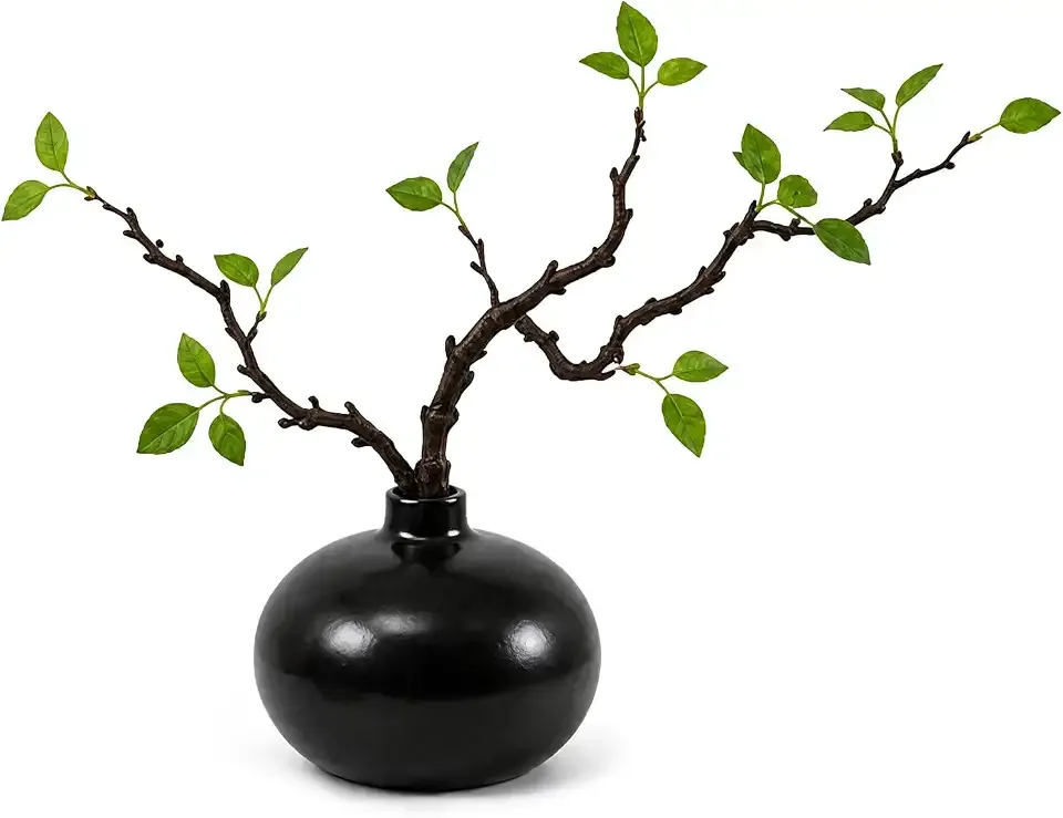 Small Faux Branches Greenery Stems Black Ceramic Belly Vase Artificial Faux Plants Indoor Table Decor for Bedroom Office Cafe Bookshelf Living Room Counter Ornament