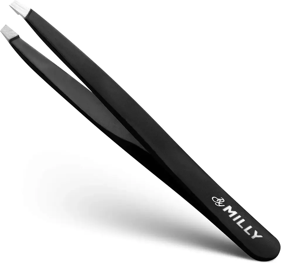 Professional Slanted Tweezers for Women and Men | High Carbon Stainless Steel Sharp Tweezer | Tweezers for Women Facial Hair Plucking, Hand-Filed & Aligned Precision Slant Tips - Black