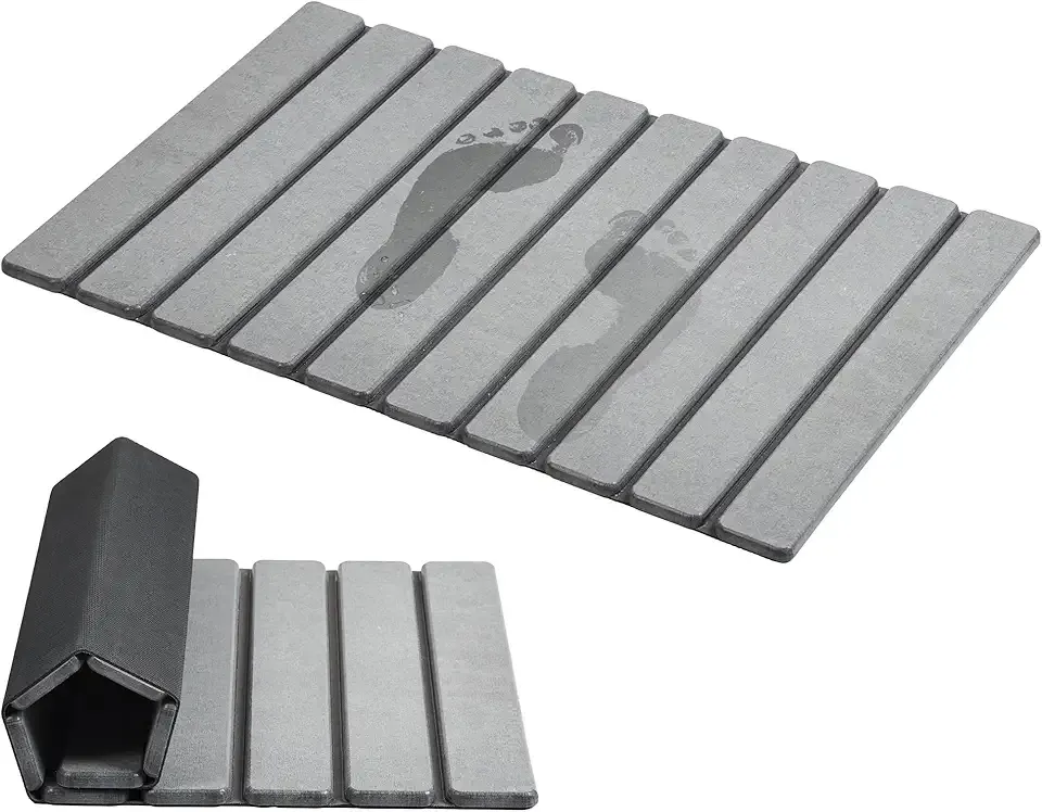 AWW Foldable Stone Bath Mat, Super Absorbent Diatomaceous Earth Mats, Non-Slip 23.6 x 15.5 Inch Quick Drying Mat, Compact and Easy to Store Bath Mats for Bathroom, Easy to Clean, Grey