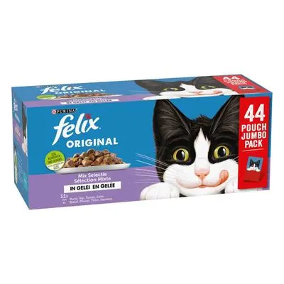 Felix Original Mix en gelée 2 x 44 x 85 g : 50 % de remise sur le 2ème paquet ! Paquet mixte (saumon, thon, bœuf, poulet)