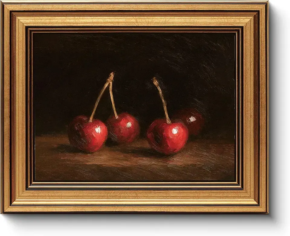 WHASAYART Gold Framed Vintage Wall Art for Living Room, Fruits Painting Prints Shelf Decor for Kitchen, Aesthetic Bedroom Wall Art, Best Gifts for Friends or Family - Cherry 10L x 8W