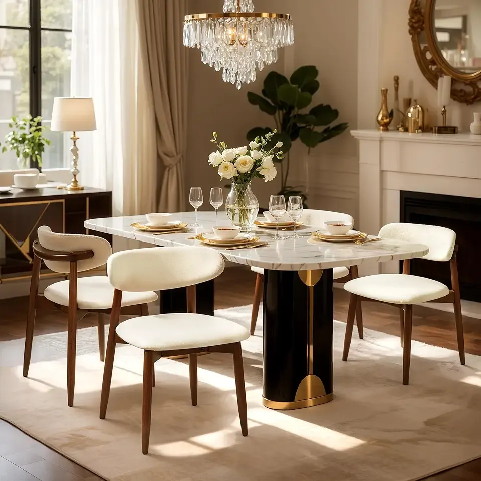 CHUN YI Dining Chairs Set of 4, Upholstered Wooden Dining Room Chairs, Mid Century Modern Fabric Kitchen Chair with Ergonomic Curved Backrest, Beige (Only Chairs)