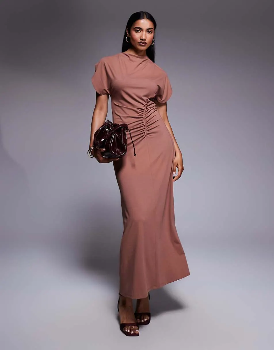 ASOS DESIGN grown on neck flutter sleeve ruched detail maxi dress in brown
