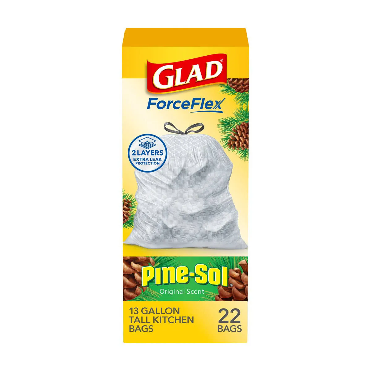 Glad ForceFlex Tall Kitchen Drawstring Trash Bags, 13 Gal, Pine-Sol Original with Febreze, 22 Ct