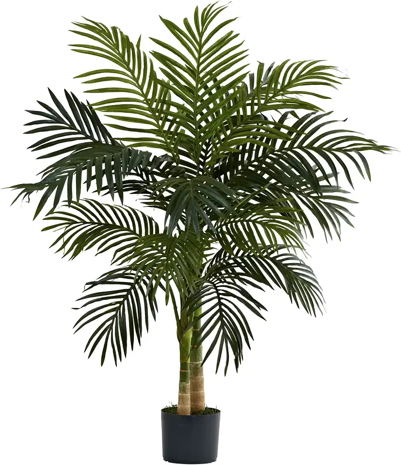 Nearly Natural 4 ft Artificial Golden Cane Palm Tree with Nursery Pot | Double-Stalk, Lush Realistic Foliage, Indoor Faux Palm Plant, Living Room Decor, Perfect Tropical Decoration