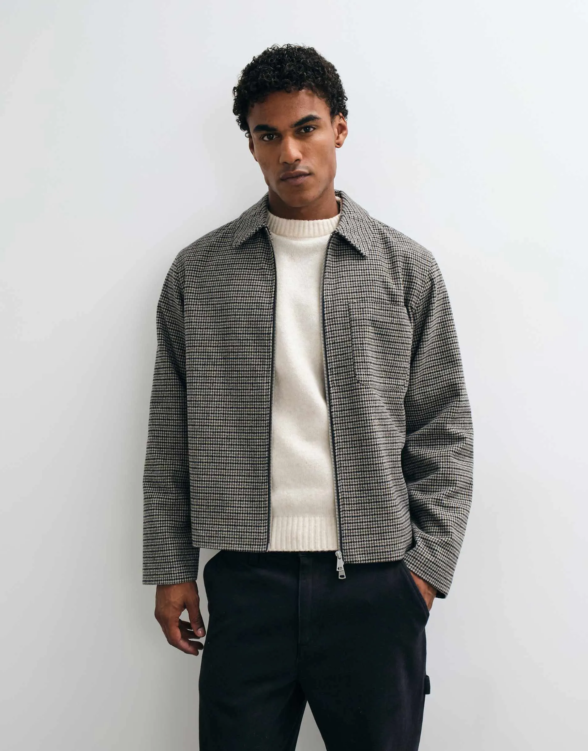 Jack & Jones double zip short jacket in houndstooth