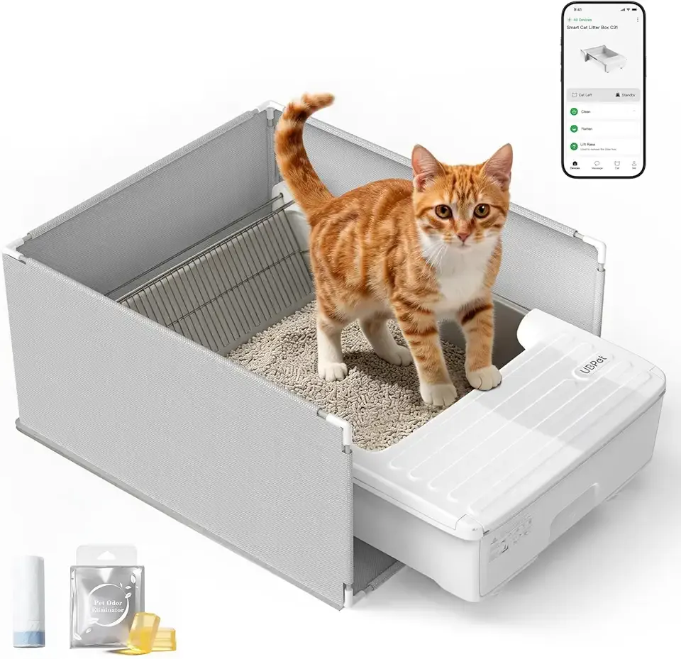 Self Cleaning Cat Litter Box, Open-Top Automatic Litter Box for Multiple Cats, Weight Sensors Safety Protection, Smart APP Control, Odor-Free Waste Disposal, Works with Bentonite Mineral Litter