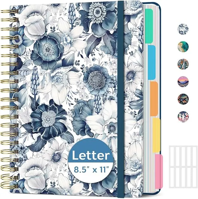 ZOTIA Large Spiral Notebooks for Work 5 Subject with Removable Dividers | Blue Floral, 8.5" x 11", Cute Journal for Women with Tabs, Colle…