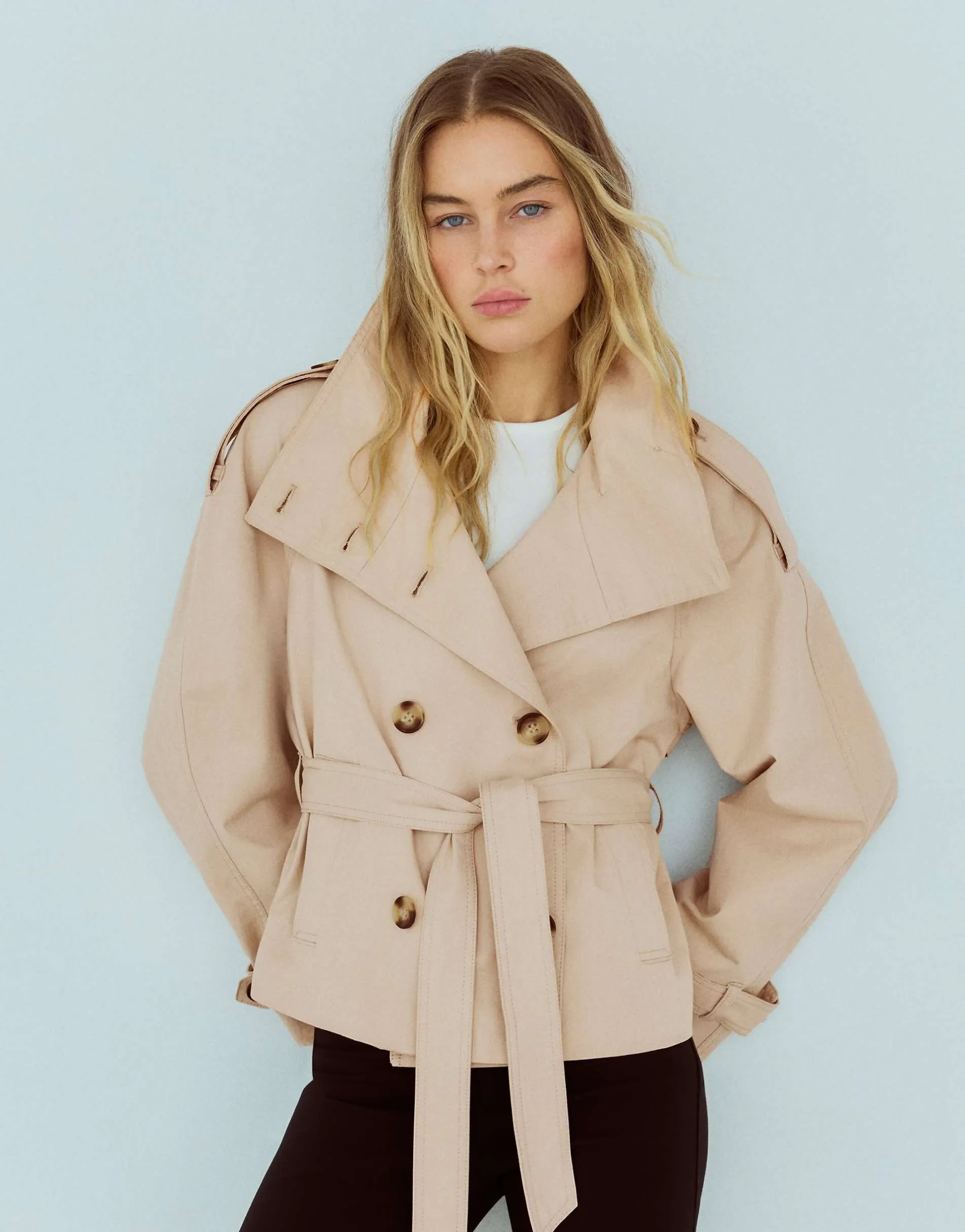 Bershka Funnel neck trench jacket in beige