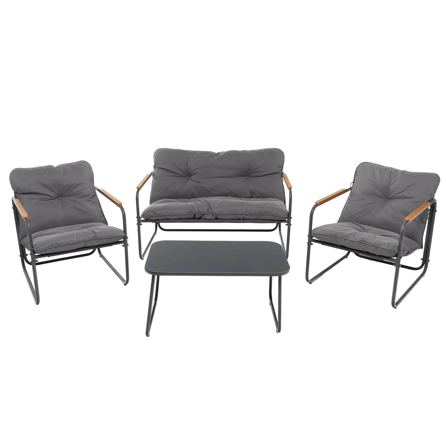 Set da giardino 4 pezzi Struttura in Acciaio Antracite, braccioli in Polywood e Top in vetro e Cuscini Antracite inclusi