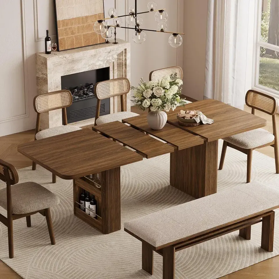 63"-86" Extendable Dining Table for 4-10, Rectangular Kitchen Table with Fluted Base, Modern Dining Room Table, Farmhouse Dinner Tables for Dining Room Kitchen Living Room