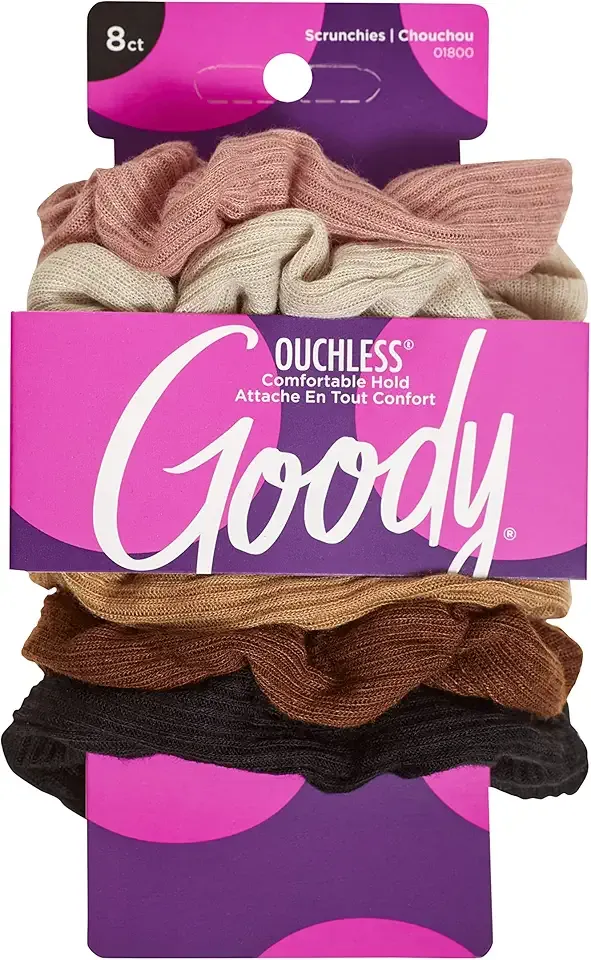 Goody Ouchless Womens Hair Scrunchie - 8 Count, Neutral - Suitable for All Hair Types - Pain-Free Hair Accessories for Women Perfect for Long Lasting Braids, Ponytails and More