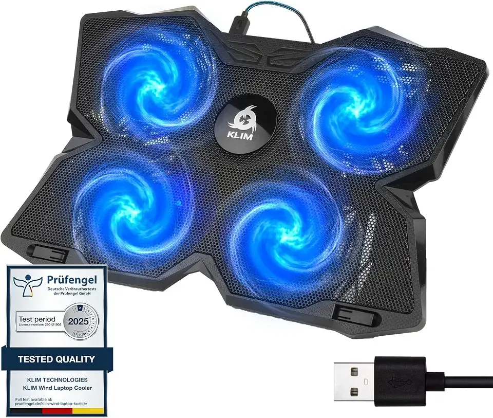 KLIM Wind Laptop Cooling Pad - More Than 500 000 Units Sold - New Version - The Most Powerful Rapid Action Cooling Fan - Laptop Stand with 4 Cooling Fans at 1200 RPM - USB Fan - PS5 PS4 - Blue