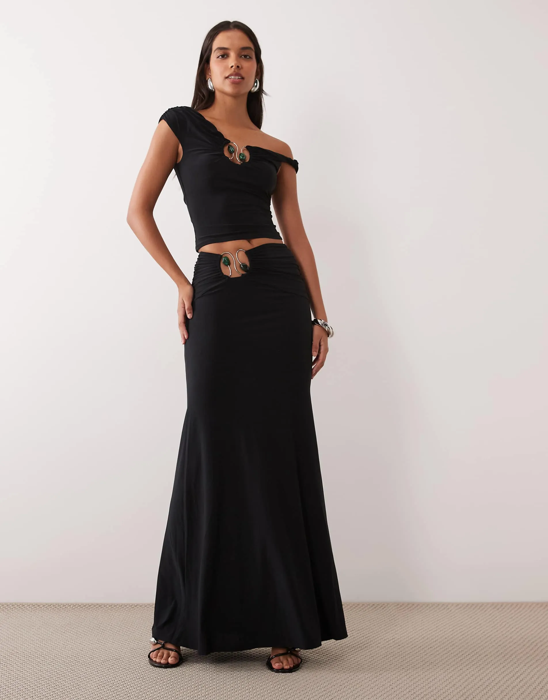 ASOS DESIGN co-ord slinky hardware detail gathered waist maxi skirt in black