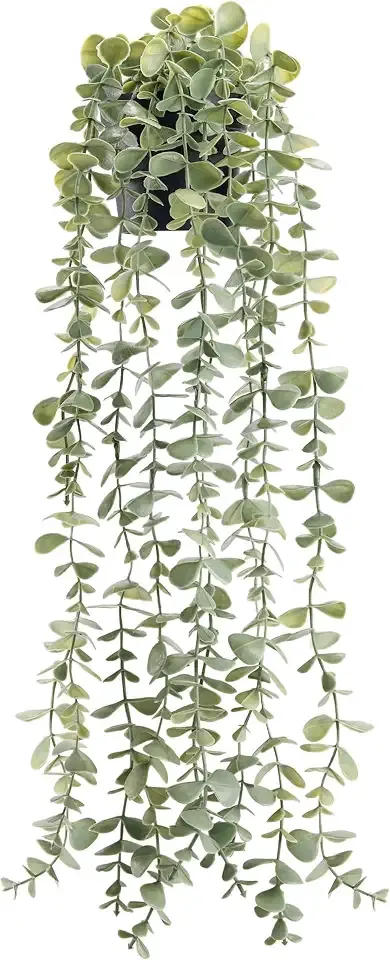 Der Rose 24" Fake Hanging Eucalyptus Plant for Bathroom Wall Art Decor | Layered sage-green leaves and a matte black pot bring natural depth to mantels, high shelves, boho farmhouse rooms decor