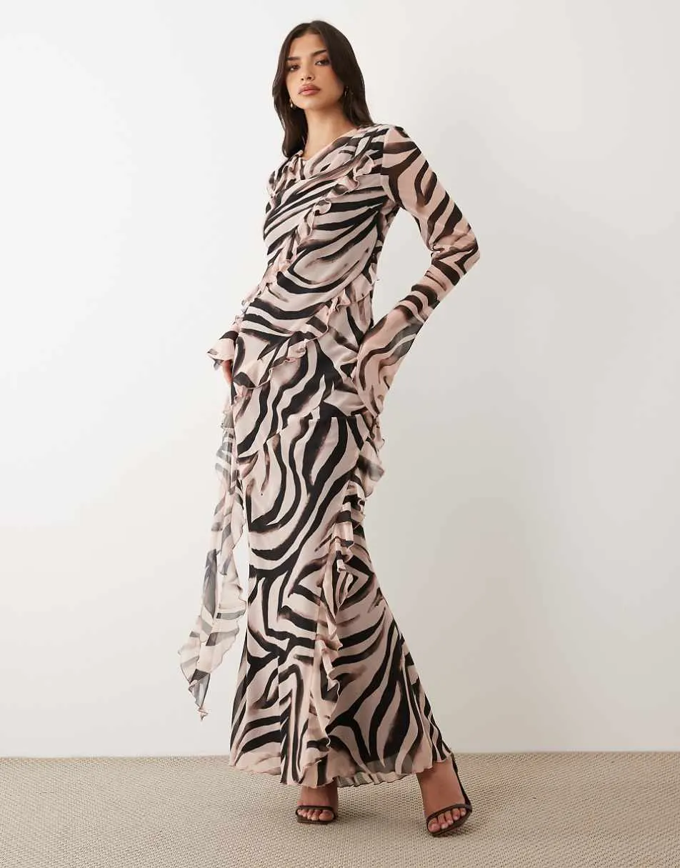 Daska chiffon ruffle long sleeve maxi dress in zebra print