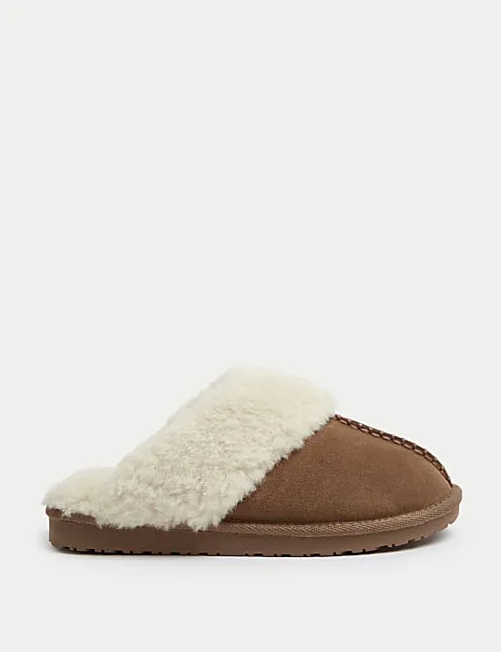 Suede Faux Fur Cuff Mule Slippers