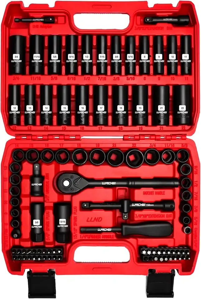 LLNDEI 3/8”Drive Impact Socket Set,Standard SAE(5/16 to 3/4-Inch) Metric Size(8-22mm), 95 Piece, CR-V Steel Deep&Shallow Kit, Adapters, Ratchet Handle, Screwdriver Bit Set, Spark Plug Socket, 6 Point