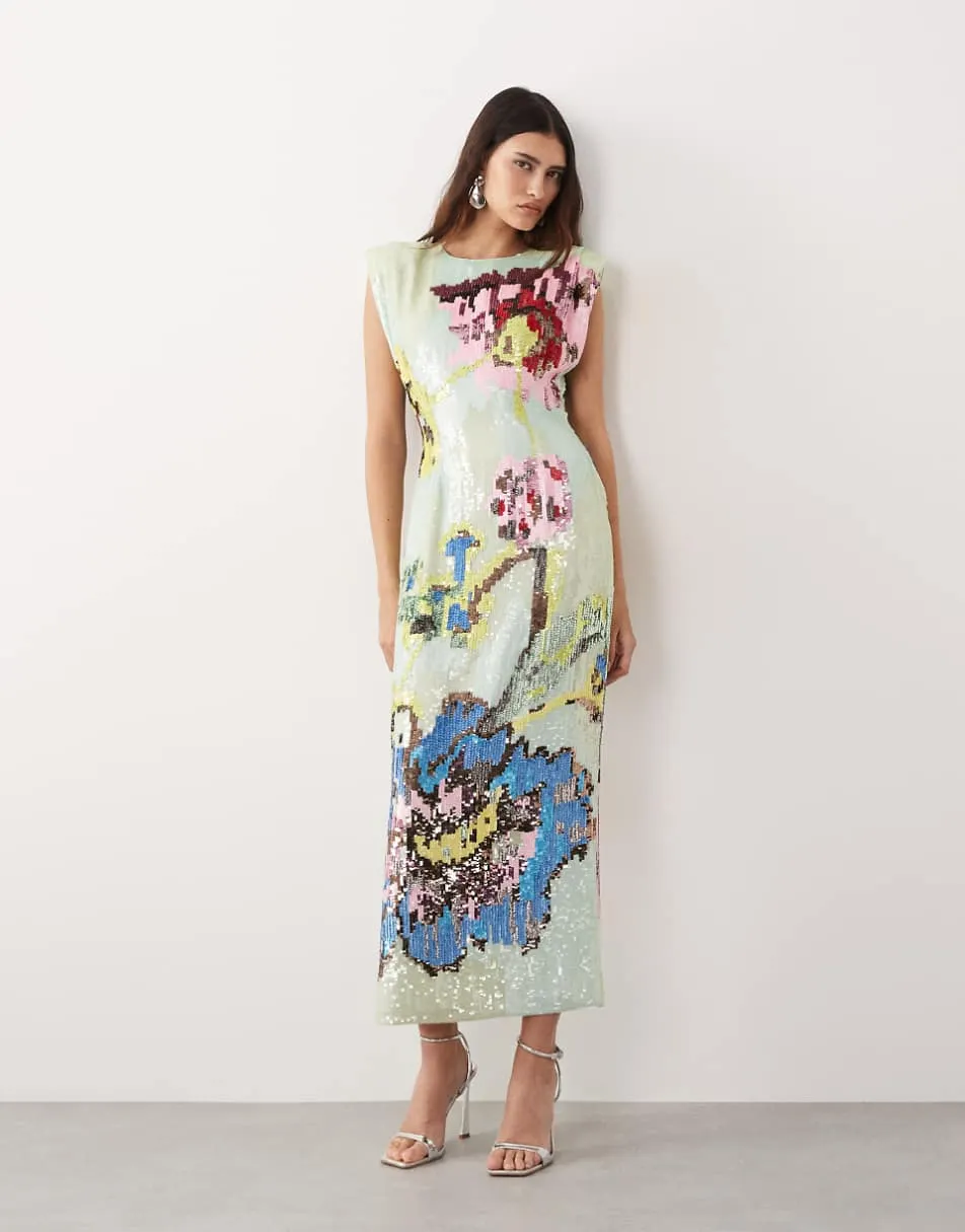 ARRANGE high neck printed sequin maxi dress in blue floral print
