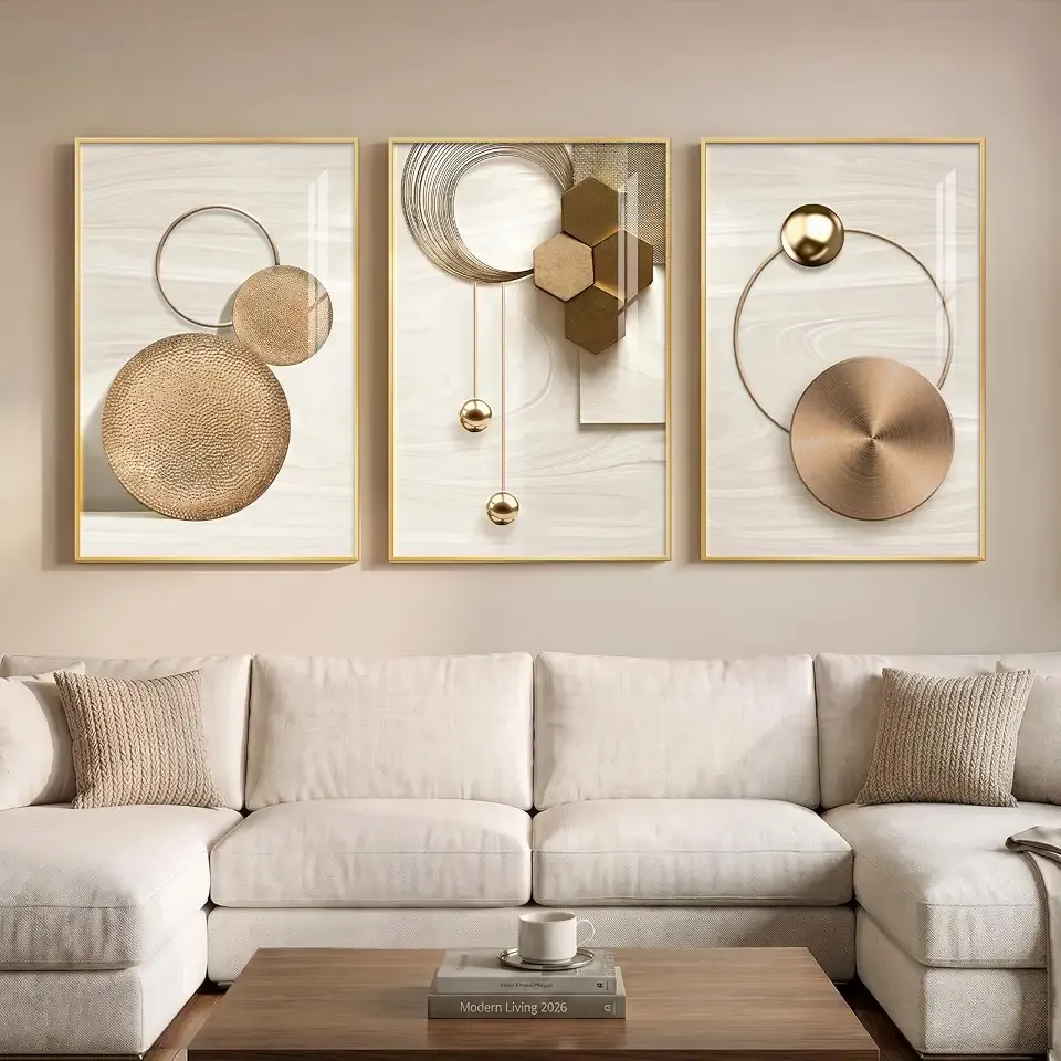 Large Framed Modern Luxury Gold Wall Art for Living Room, 3 Piece 24x36 In | Bright style art prints, Golden geometric pictures, Crystal coating wall art, Fade resistance prints for bedroom dining room