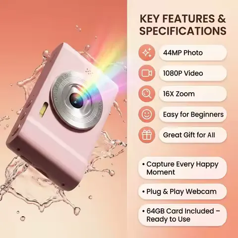FUNNY PANDA Pink Digital Camera, 44MP 1080P Vlogging Camera with 16X Zoom, 2.2 Inch Screen, Self Timer, Webcam Mode, Plug and Play, 64GB Card Included, Ultra Lightweight Compact Retro Design