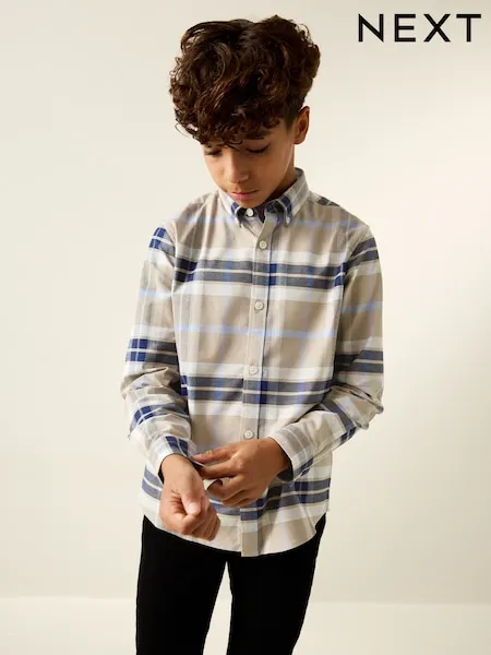 Neutral/Black Check Long Sleeve Oxford Check Shirt (3-16yrs)