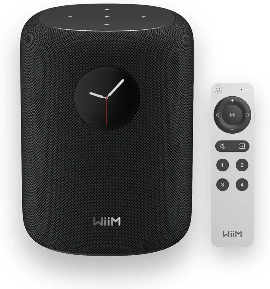 WiiM Sound Smart Speaker with 1.8″ Touch Display, Hi‑Res 24‑bit/192 kHz, AI RoomFit™ Room Correction, 100W Peak, Wi‑Fi 6E/Bluetooth 5.3, Multi‑Room & Stereo Pairing, Remote Included, Black