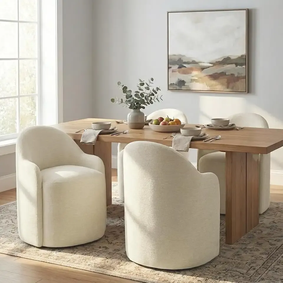 KISLOT Upholstered Dining Chairs with Casters, No Assembly Modern Dining Room Chairs Accent Vanity Chair with 5 Wheels & Round Backrest for Bedroom, Living Room, Dressing, Sand Fabric, Set of 4