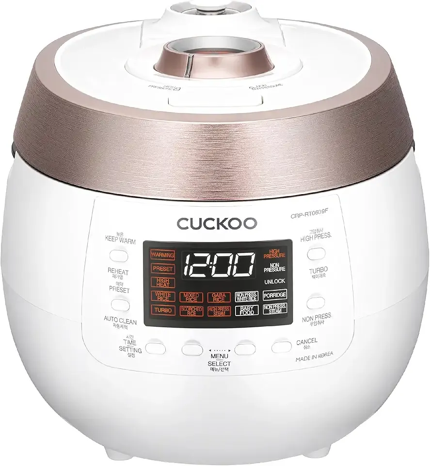Cuckoo CRP-RT0609FW 6 cup Twin Pressure Plate Rice Cooker & Warmer with High Heat, GABA, Mixed, Scorched, Turbo, Porridge, Baby Food, Steam (Hi/Non Press.) and more, Made in Korea (White)