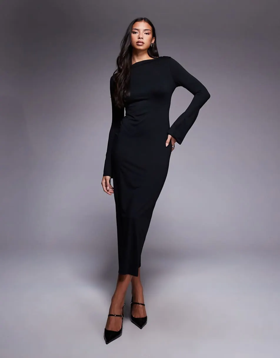 ASOS DESIGN slash neck fluted sleeve maxi dress in black