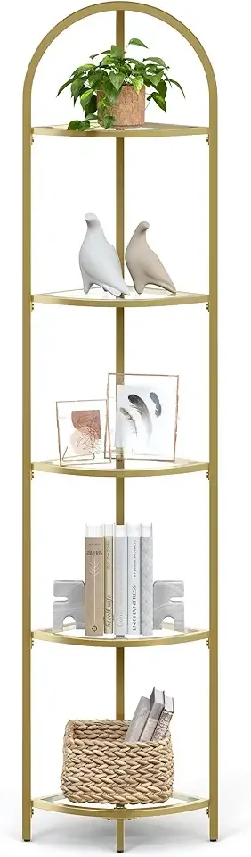 5-Tier Corner Shelf Stand, Corner Bookshelf, Bathroom Organizer, Plant Stand, Tempered Glass, Steel Frame, Modern Style, for Living Room, Bathroom, Kitchen, Metallic Gold ULGT810A01
