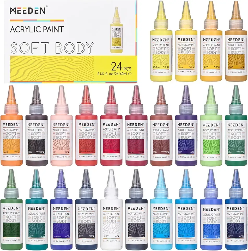 MEEDEN Soft Body Acrylic Paints Set: Matte Finish 24 Colors x 60ml/2oz Fluid Acrylic Paints for Art Painting on Canvas Wood & Glass for Students Adults Artists