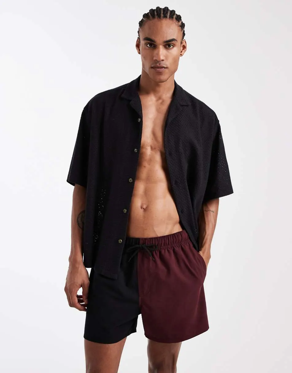 ASOS DESIGN swim shorts in short length in burgundy and black