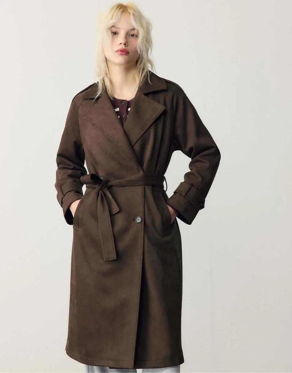 Stradivarius Long faux suede trench coat in brown