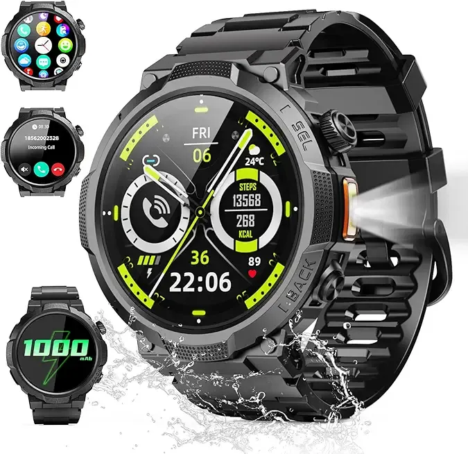 Smart Watches for Men (Answer/Make Call), 1.53" HD Military Smartwatch, 50+ Days Extra-Long Battery Life Fitness Tracker, Flashlight/110+Sports/Heart Rate/Sleep Monitor/IP68 Waterproof Android iOS