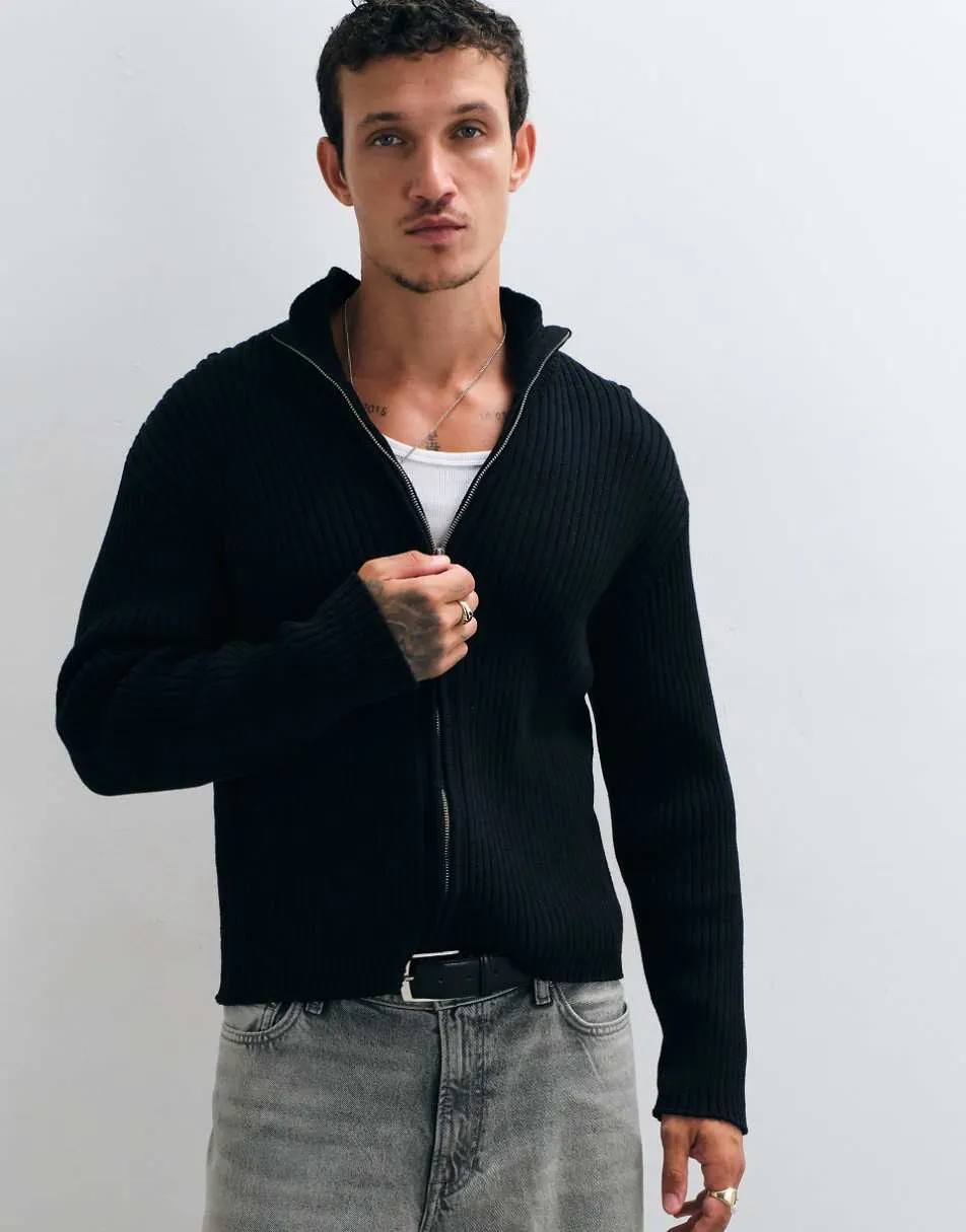 Weekday zip through rib cardigan in black