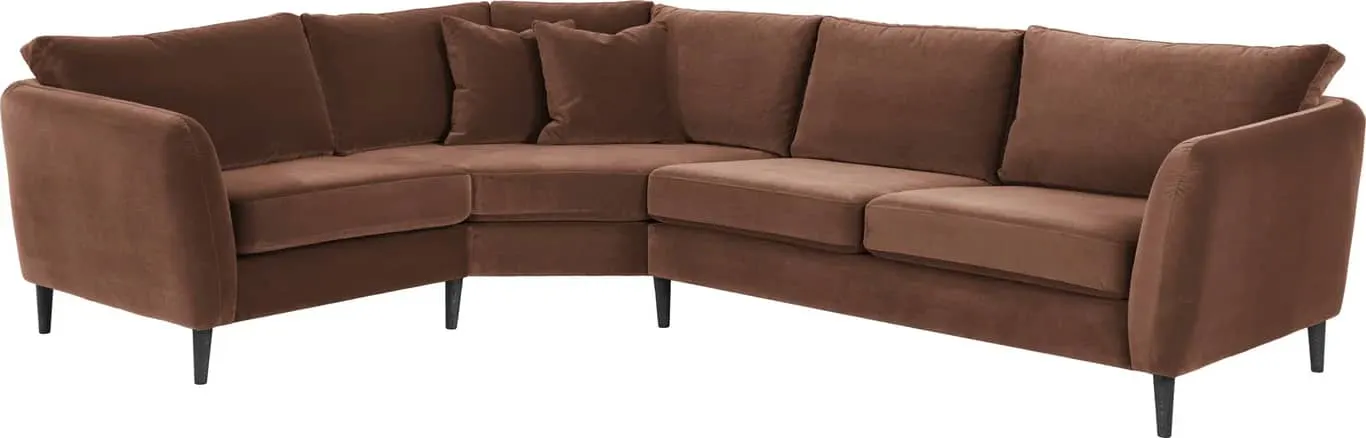 Sone dyp hjørnesofa Modulsofa. 1,5 seter + stort buet hjørne + 2,5 seter i stoff Royal (velur), armlene W2, dun i ryggputer.