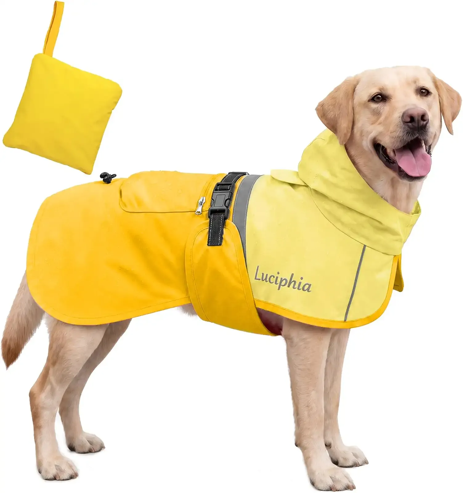 Luciphia Dog Raincoat, Adjustable Hooded Reflective Jacket with Pocket | Yellow X-Large dog rain jacket with leash hole, buckle-on, non-stick fur. For daily walks.