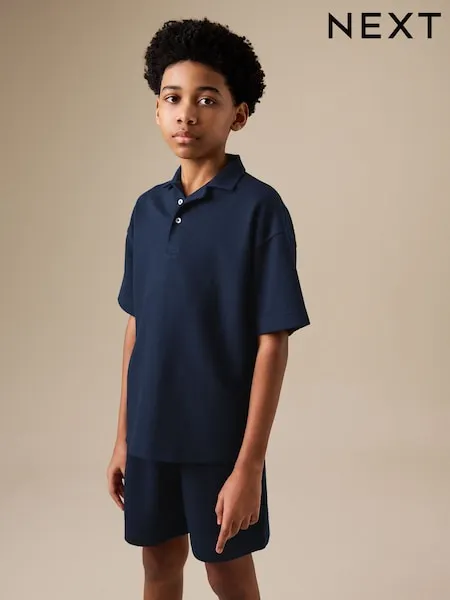 Navy Short Sleeve Textured Polo Shirt and Shorts Set (3-16yrs)