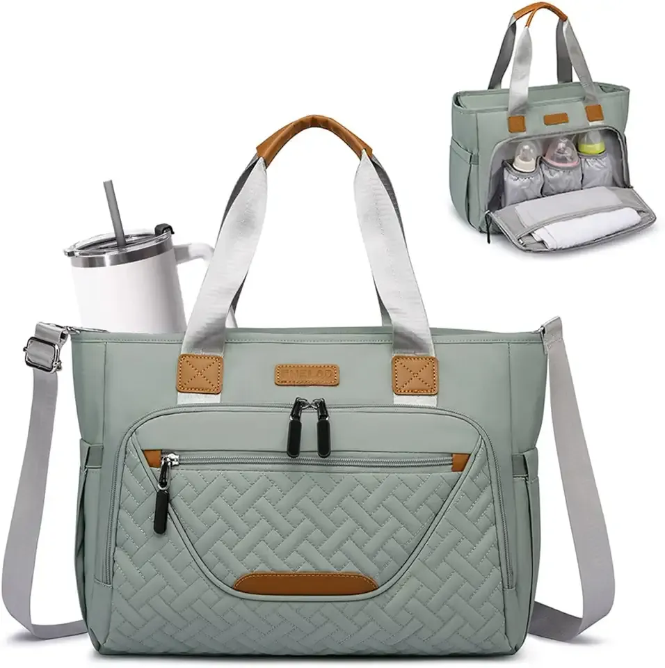 Diaper Bag Tote, Large Tote Diaper Bag with 16" Laptop Compartment, Baby Bag with Insulated Pocket for Mam and Dad, Ideal for Travel, Work (Morandi Grey)