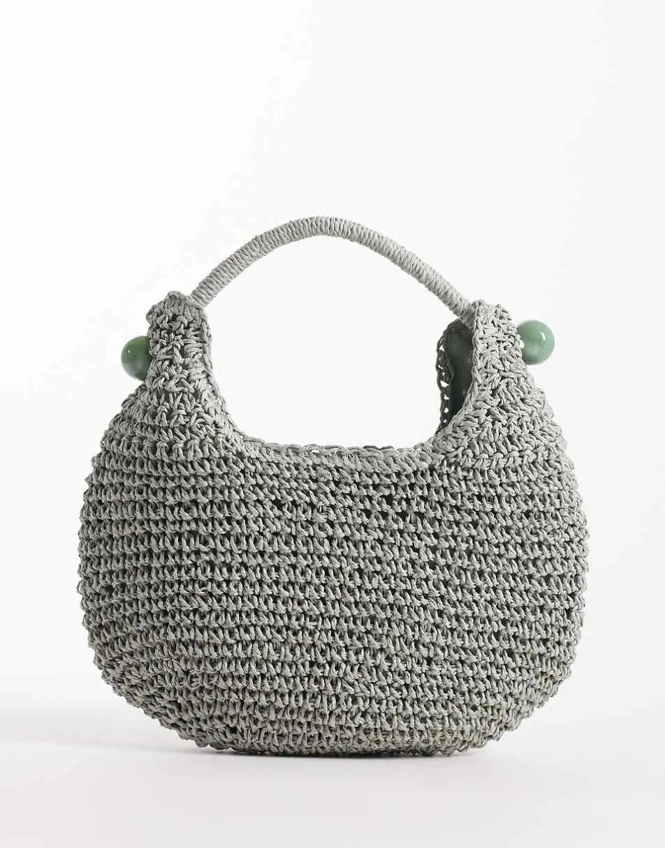 ASOS DESIGN straw hand crochet scoop grab clutch bag with resin ball detail in blue