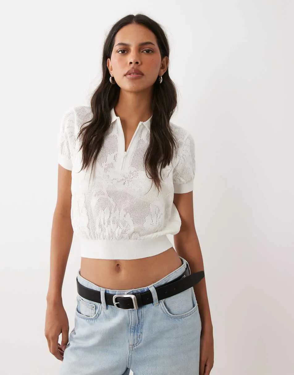 ASOS DESIGN floral open knit short sleeve zip polo in cream