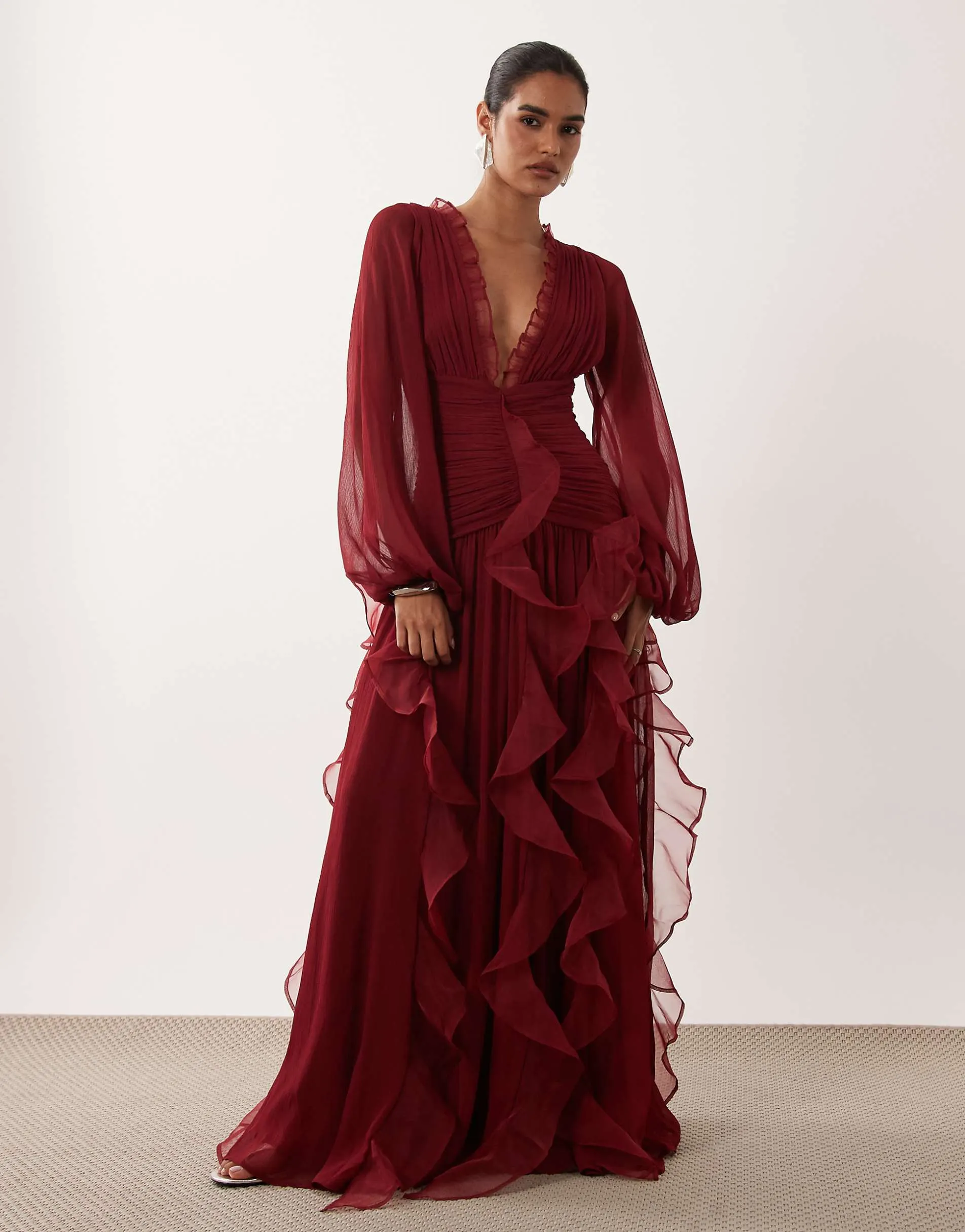 ASOS LUXE ruched long sleeve maxi dress with waterfall detail in burgundy