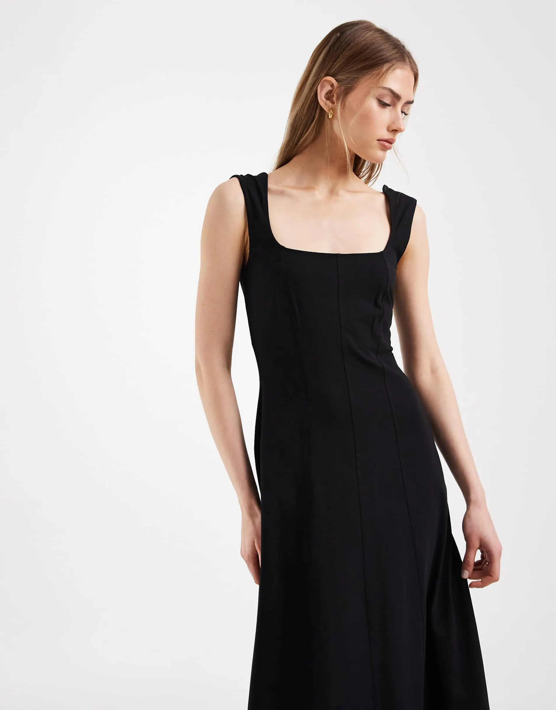 ASOS DESIGN square neck seam detail midi dress in black