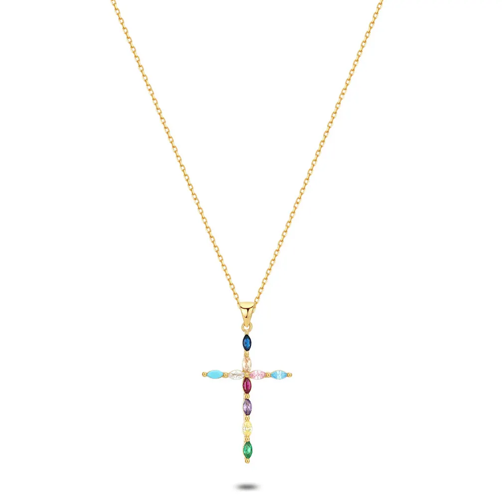 Halsketting in 18kt verguld zilver, kruis, zirkonia, multikleurig